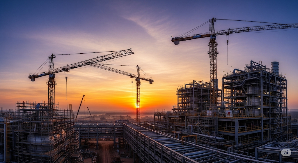 Image 3: A wide, inspiring shot of a major industrial construction site at dawn. The image shows the silhouette of a massive industrial plant under construction, similar to the NLNG facility. Cranes reach into the early morning sky, and the intricate network of scaffolding and pipes is visible. The rising sun creates a dramatic orange and purple glow on the horizon, symbolising a new day and new opportunities. The scale of the project conveys a sense of ambition and the vast potential for employment.